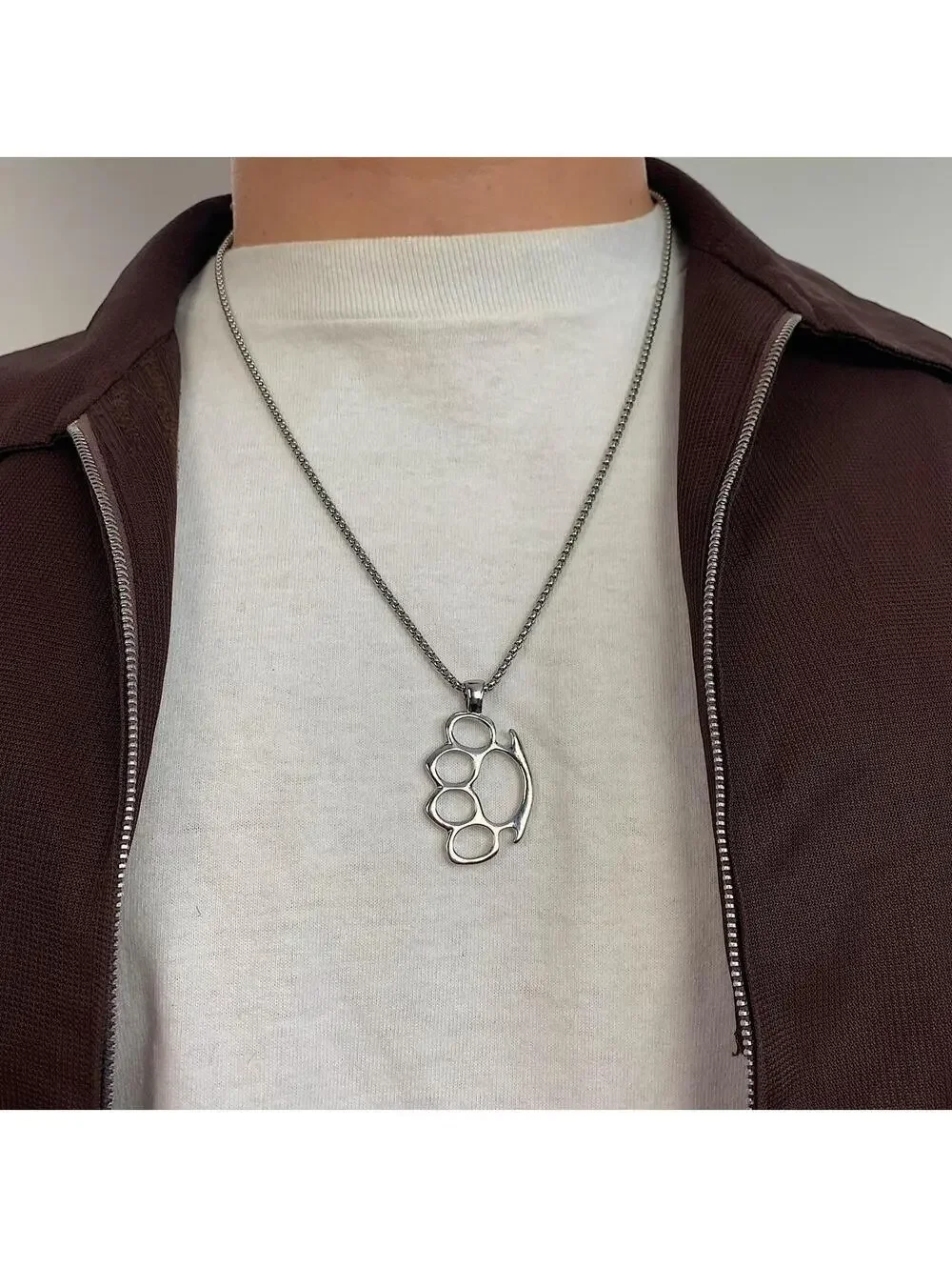 Cyber Grunge y2k Brass Knuckle Stainless Steel Silver Necklace. Chain is